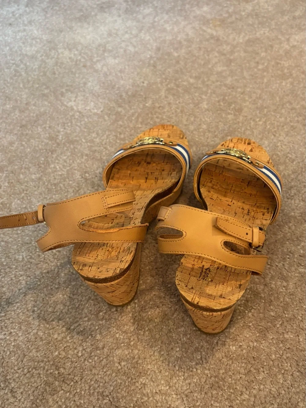 Tommy Hilfiger Tan Wedge Sandals with Navy & White Striped Straps